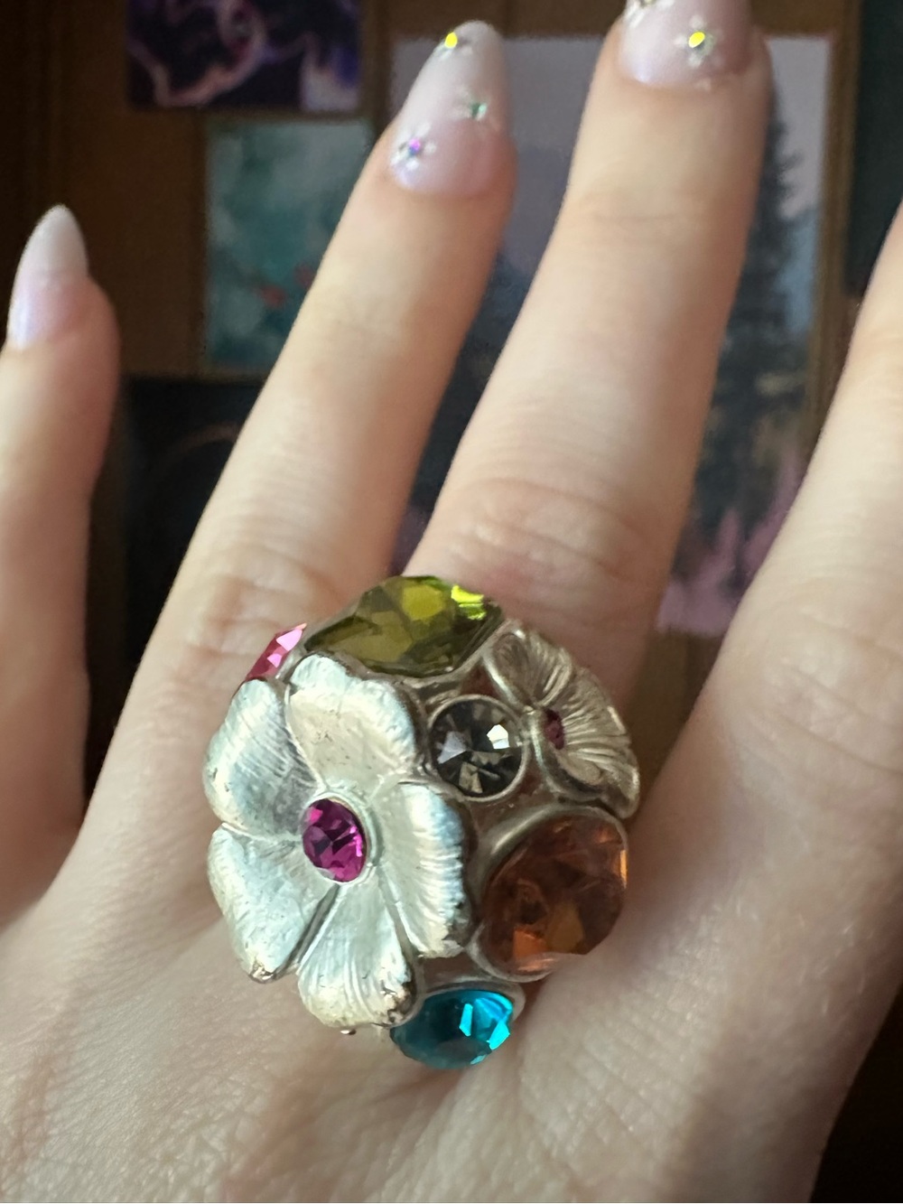 Express • Colorful Floral Rhinestone Cluster Stretch Ring - Picture 8 of 17